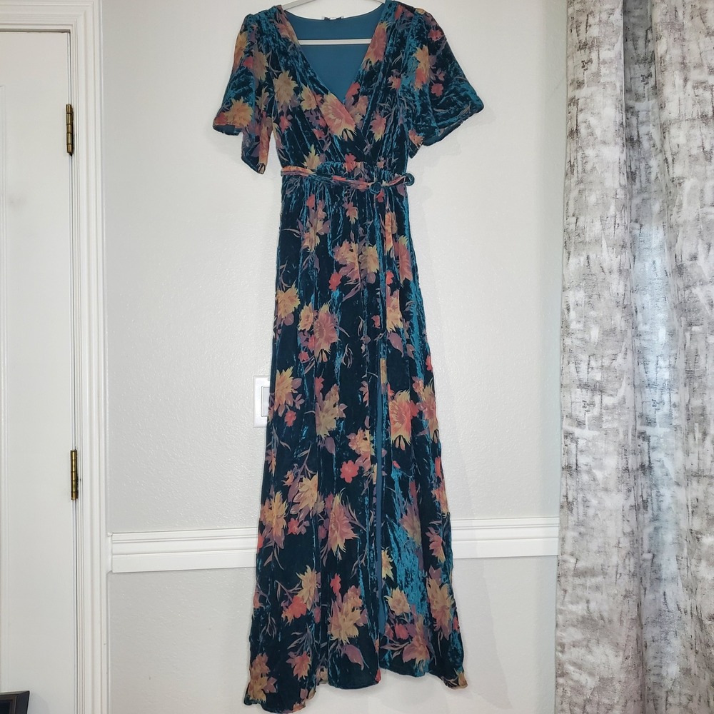Baltic Born Lydia Teal Floral Velvet Maxi Dress Small Short Sleeve V-Neck - Picture 4 of 14
